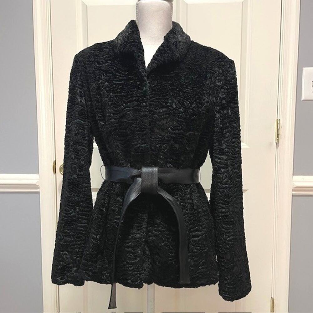 Valerie Stevens Black Textured Faux Fur Belted Jacket Women's M Elegant Dressy